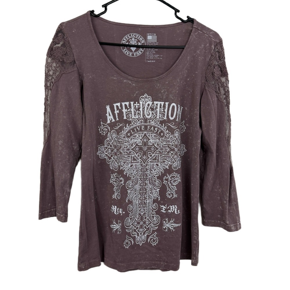 Affliction Live Fast Top Womens Medium Shirt Mineral Wash Lace Sheer Rhinestones